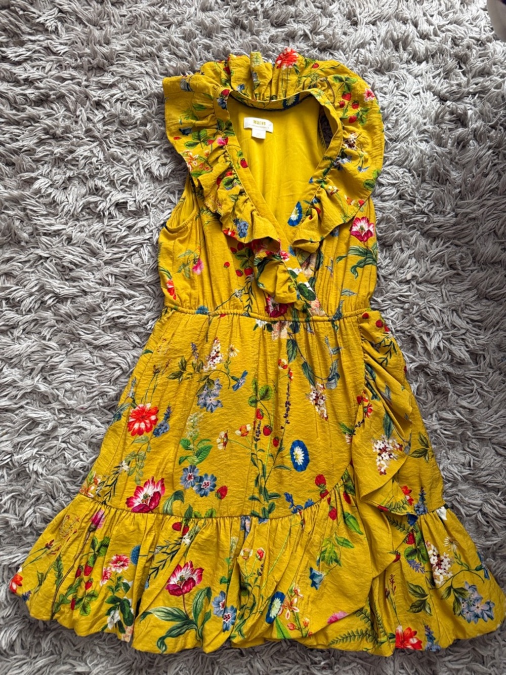 Anthropologie Mustard Floral Ruffle-Trim Mini Dress